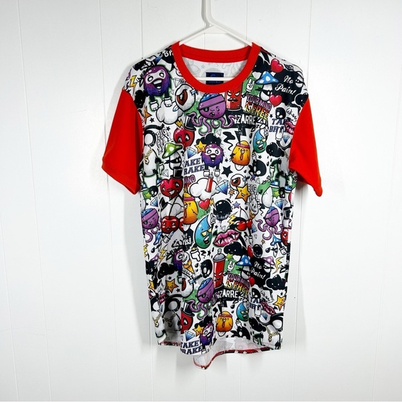 Royal Blue Cartoon All Over Graphic Short Sleeve Red Shirt Medium - Picture 1 of 7